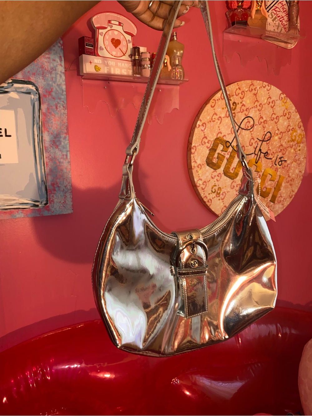 Fashion Nova Metallic Silver Hobo Shoulder Bag